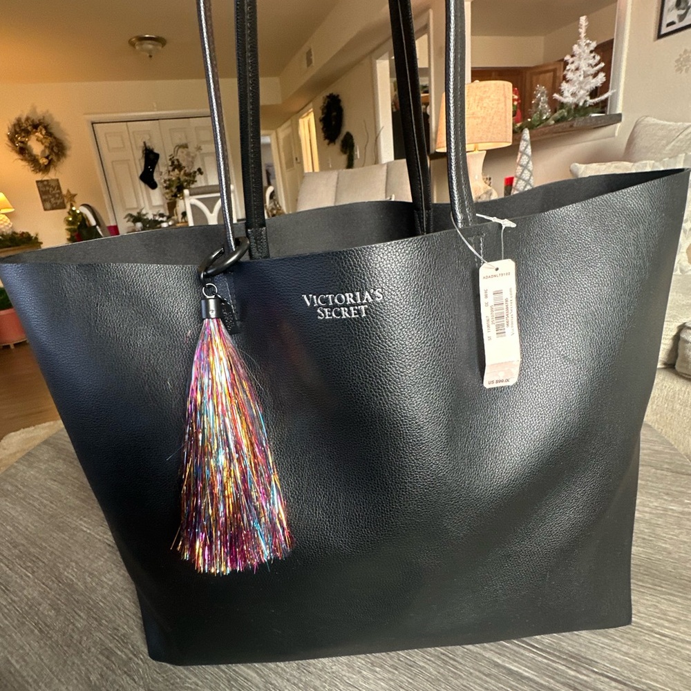 NWT Victoria's Secret Black Faux Pebbled Leather Tote w/ Colorful Tassel Accent